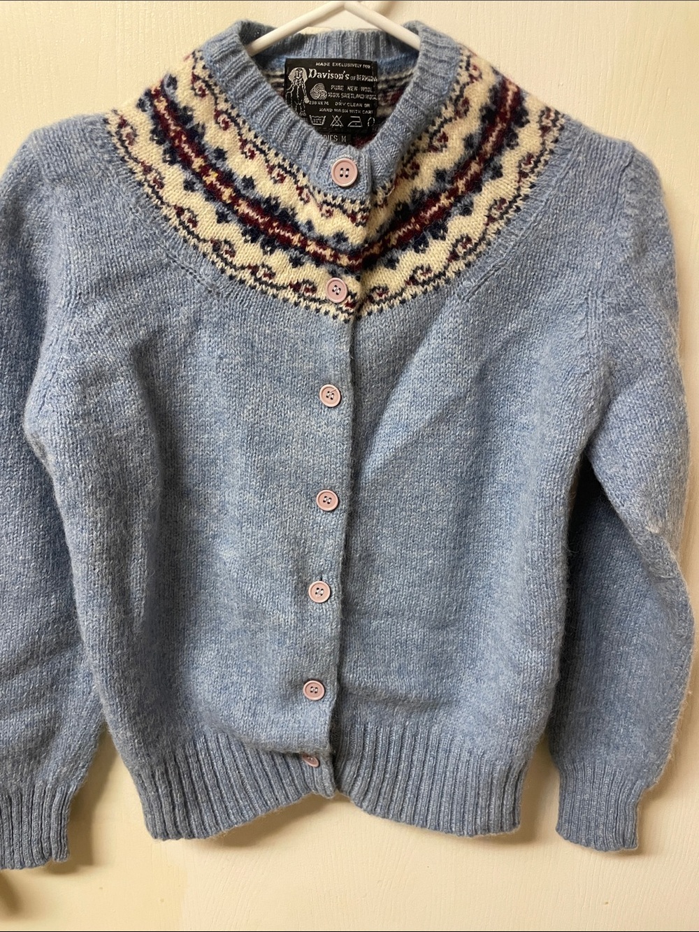 Davidson Light Blue Fair Isle Yoke Wool Cardigan